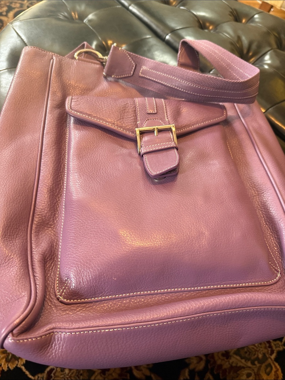 Levenger Purple Leather Shoulder Bag with Buckle Front Pocket